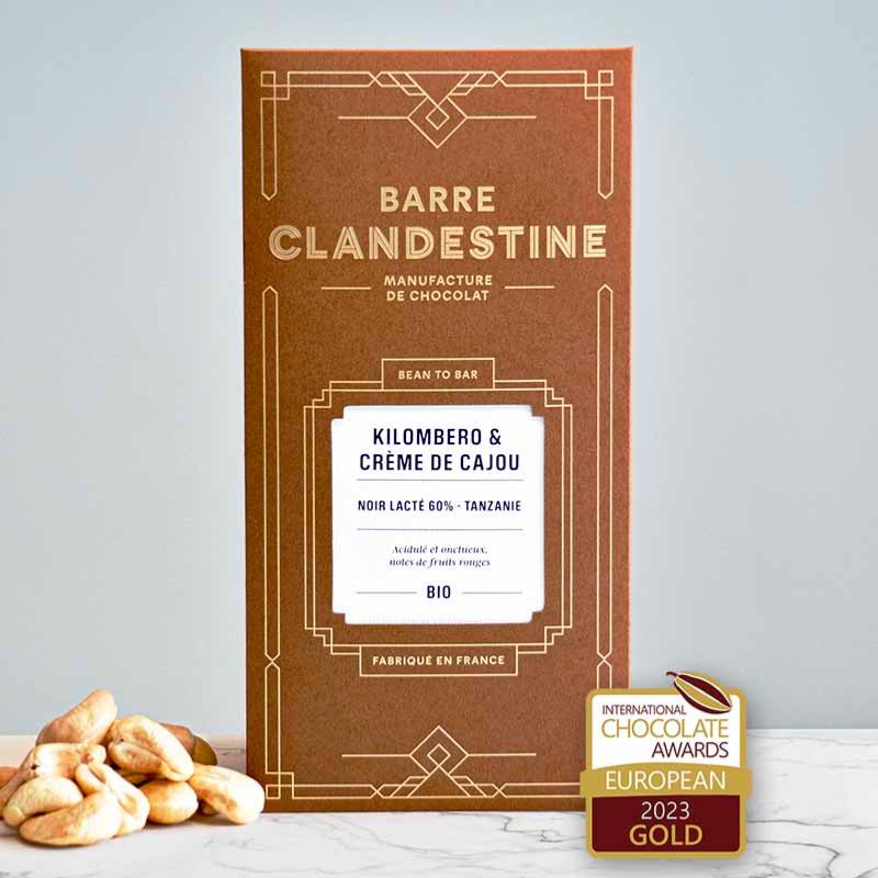 Chocolat BIO noir et lait et crème de cajour Barre Clandestine