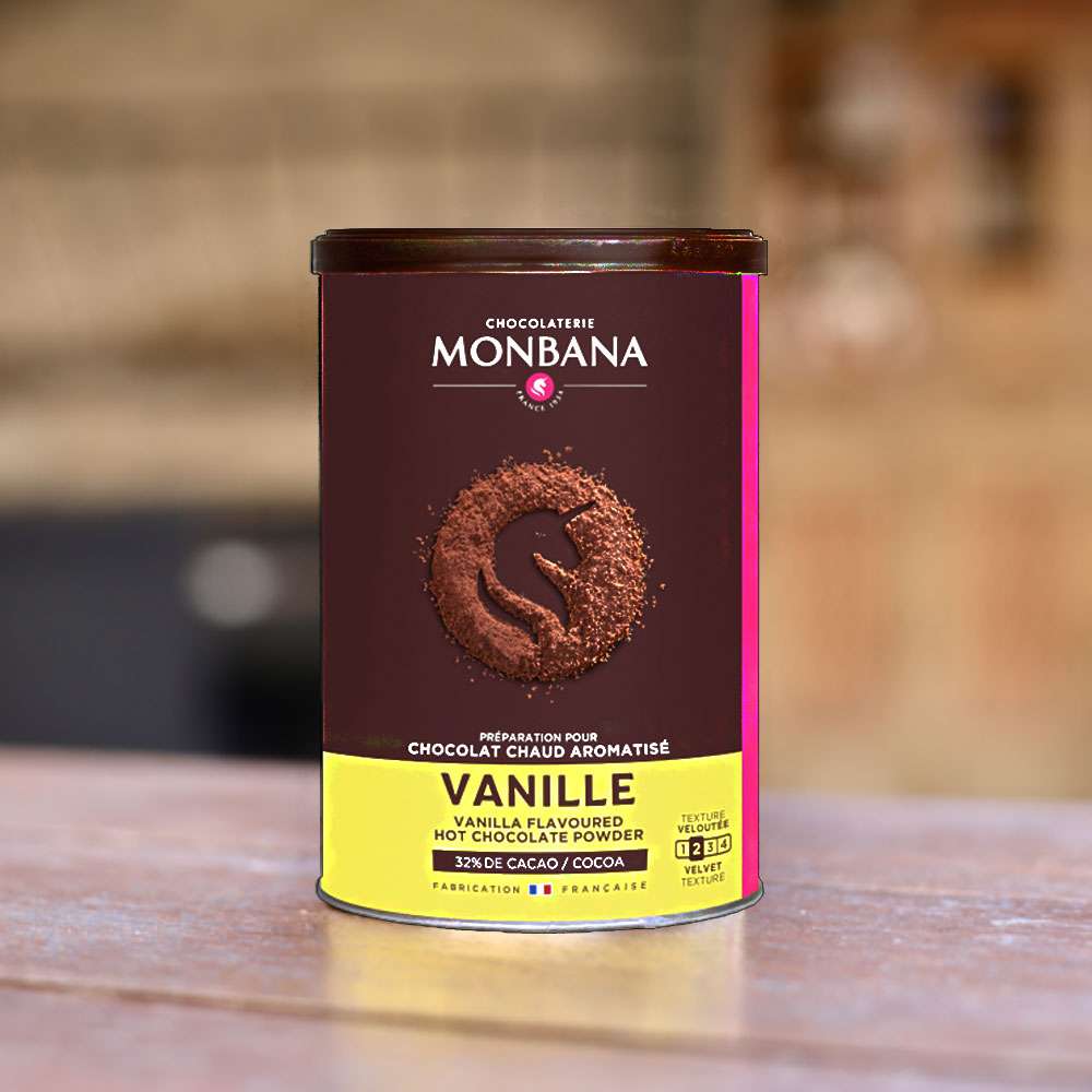 Boite de Chocolat en poudre sur une table Arôme Vanille 250Gr de monbana